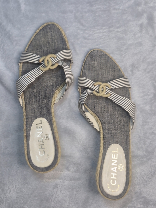 CHANEL Shoes - Chanel Striped Denim Espadrille Slide Sandals in Gray